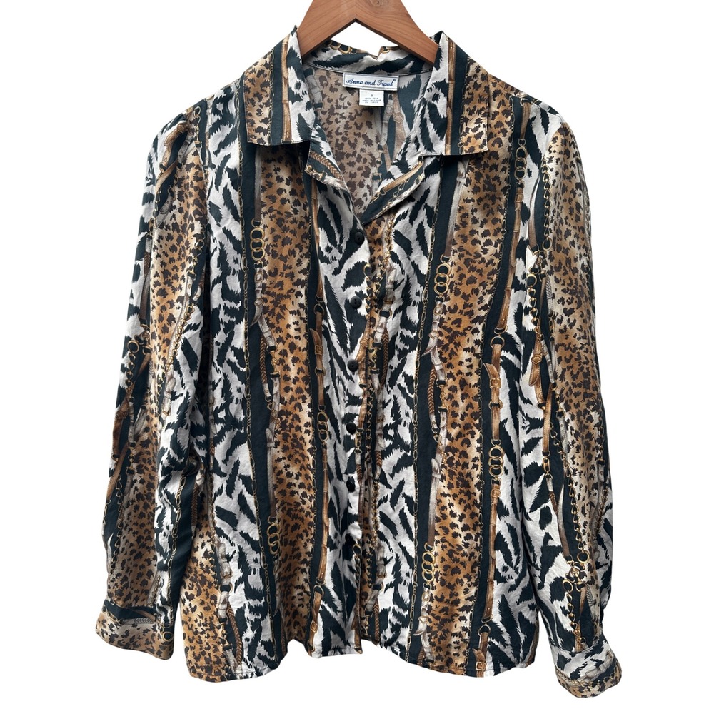 Vintage Silk Animal Print Button Down Shirt Leopard Zebra Chain Horsebit Women S